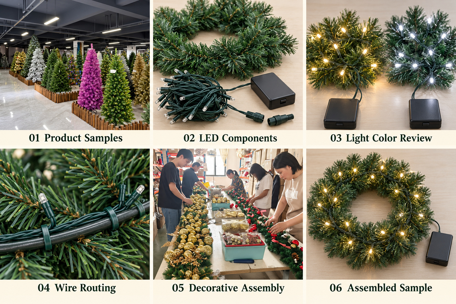 Christmas LED components, light color comparison, wire routing and illuminated wreath sample.