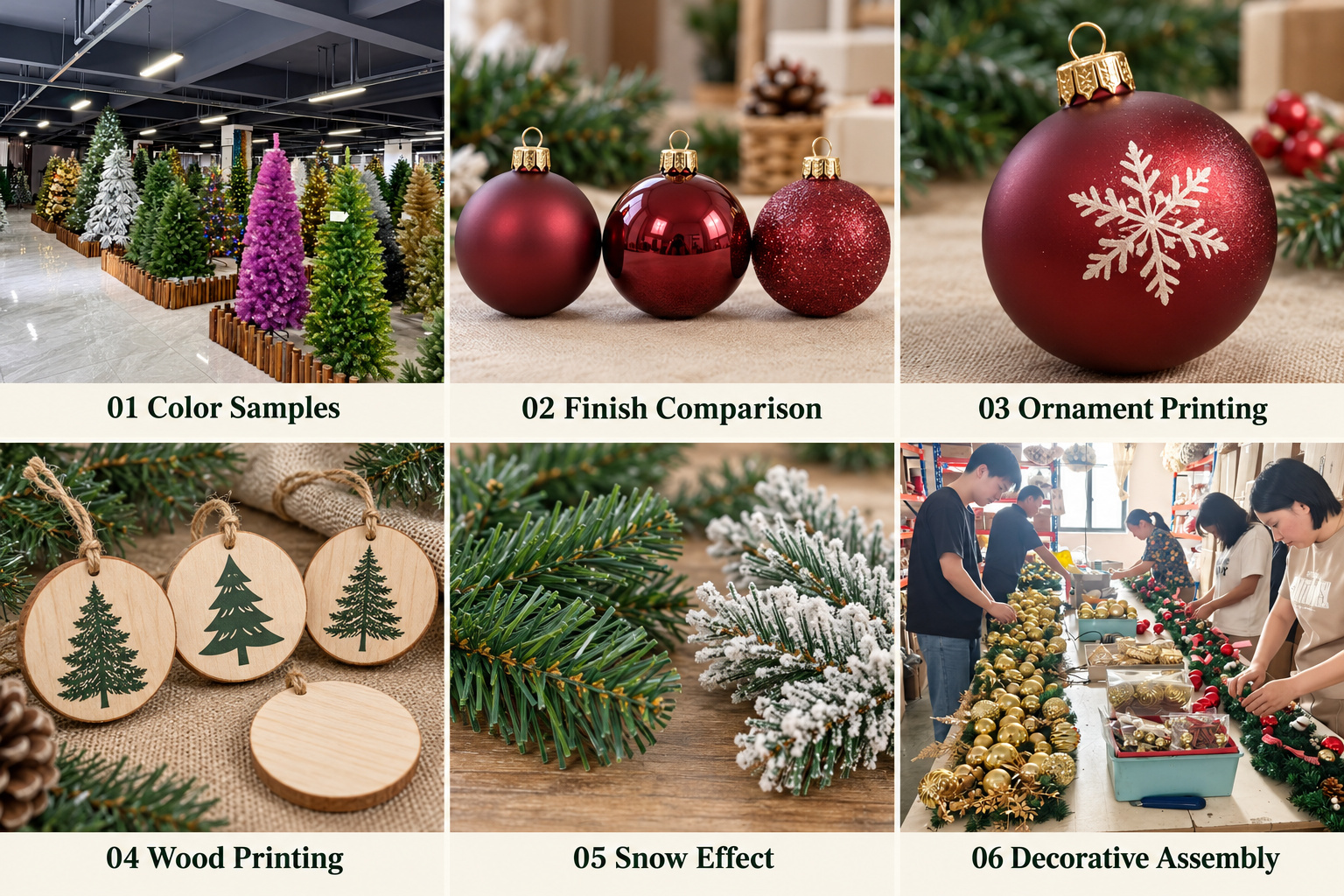 Christmas decoration colors, bauble finishes, printed ornaments and snow-effect foliage.