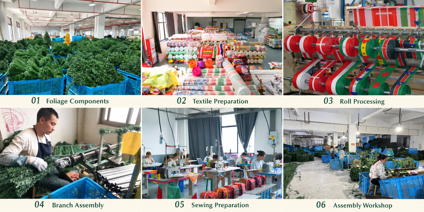 Christmas decoration components, textile preparation, roll processing and branch assembly.