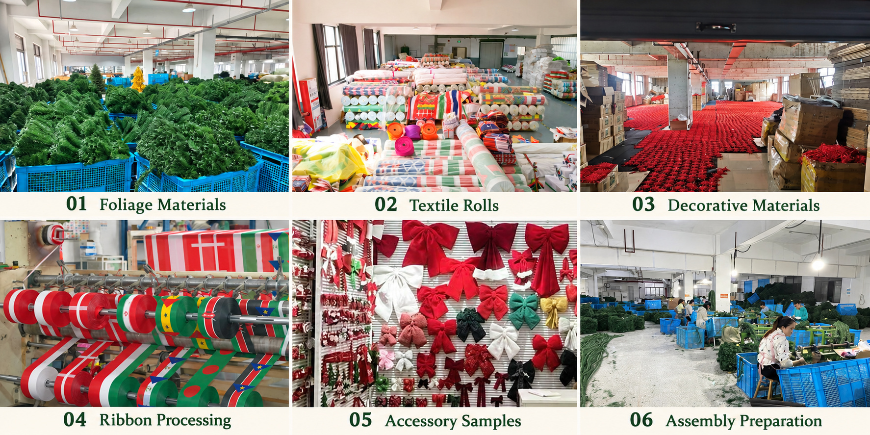 Christmas decoration foliage, textile rolls, decorative materials and accessory samples.
