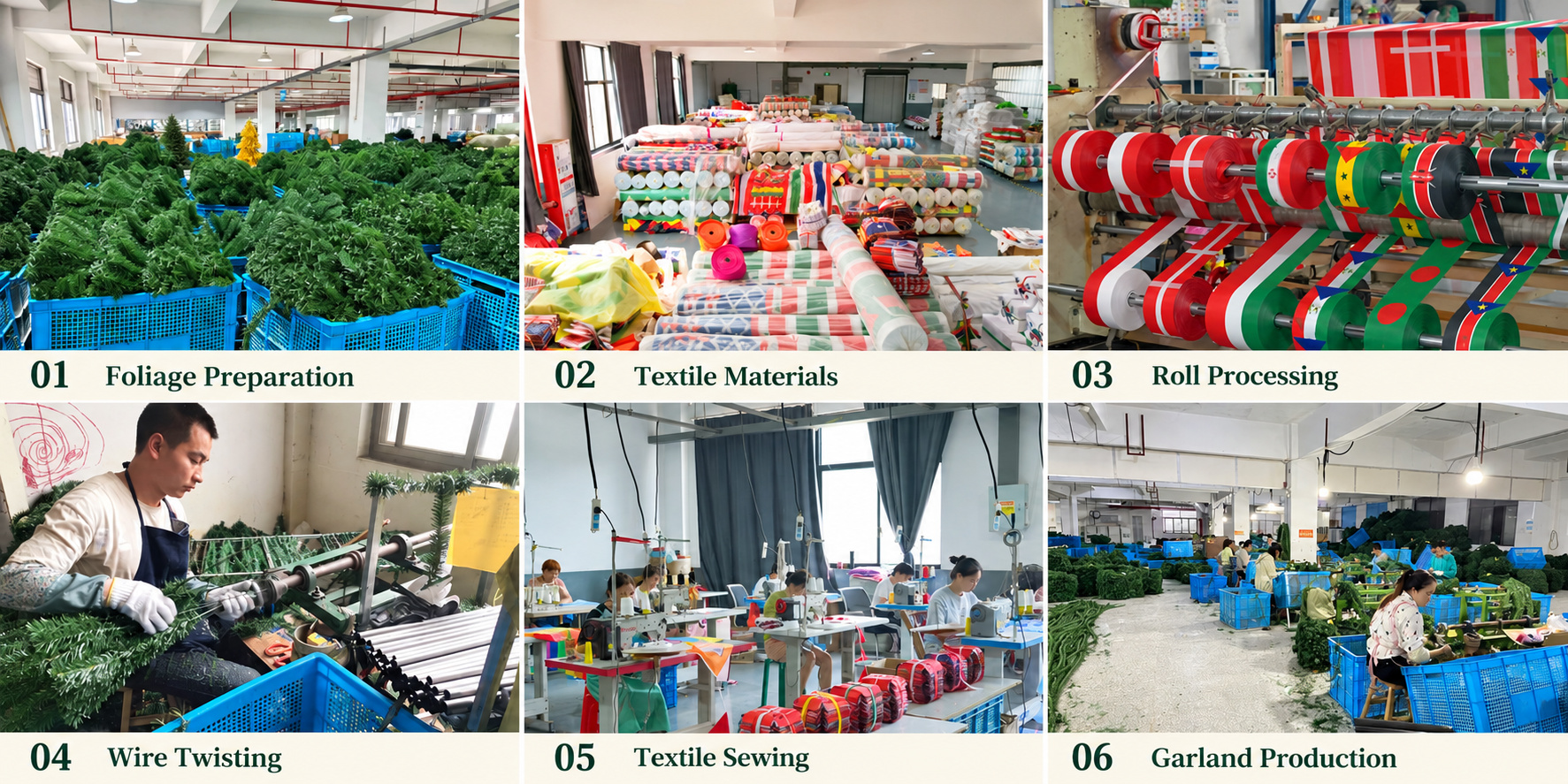 Christmas decoration material preparation, roll processing, wire twisting and textile sewing.
