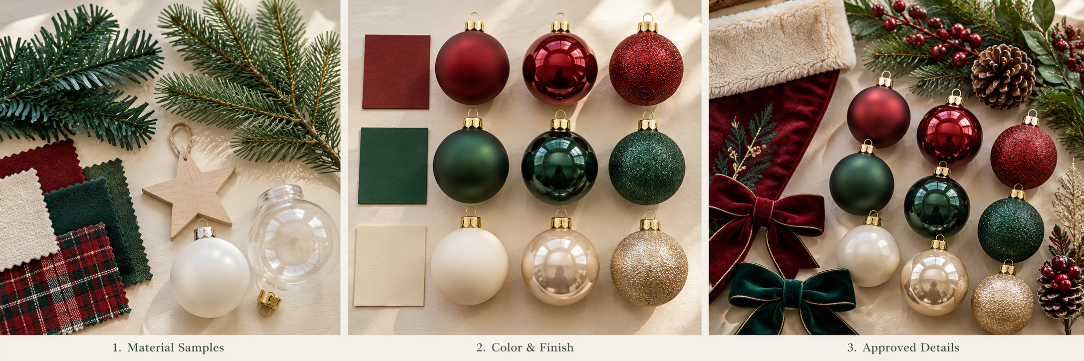 Christmas decoration materials with red, green and cream finish samples.