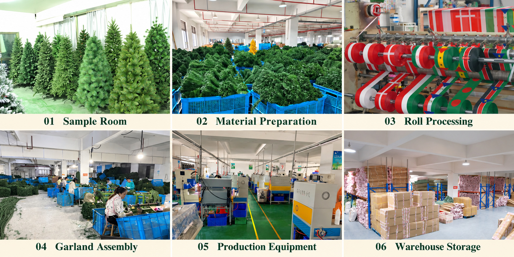 Christmas decoration sample room, material preparation, production equipment and warehouse.