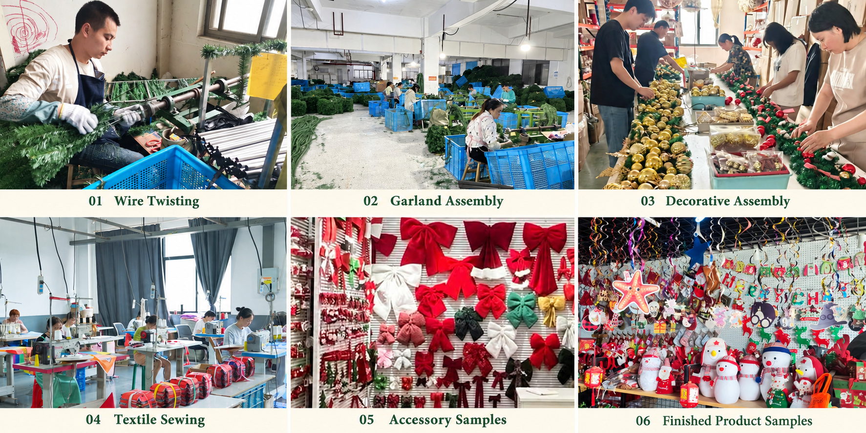 Christmas garland assembly, textile sewing and decorative product samples.