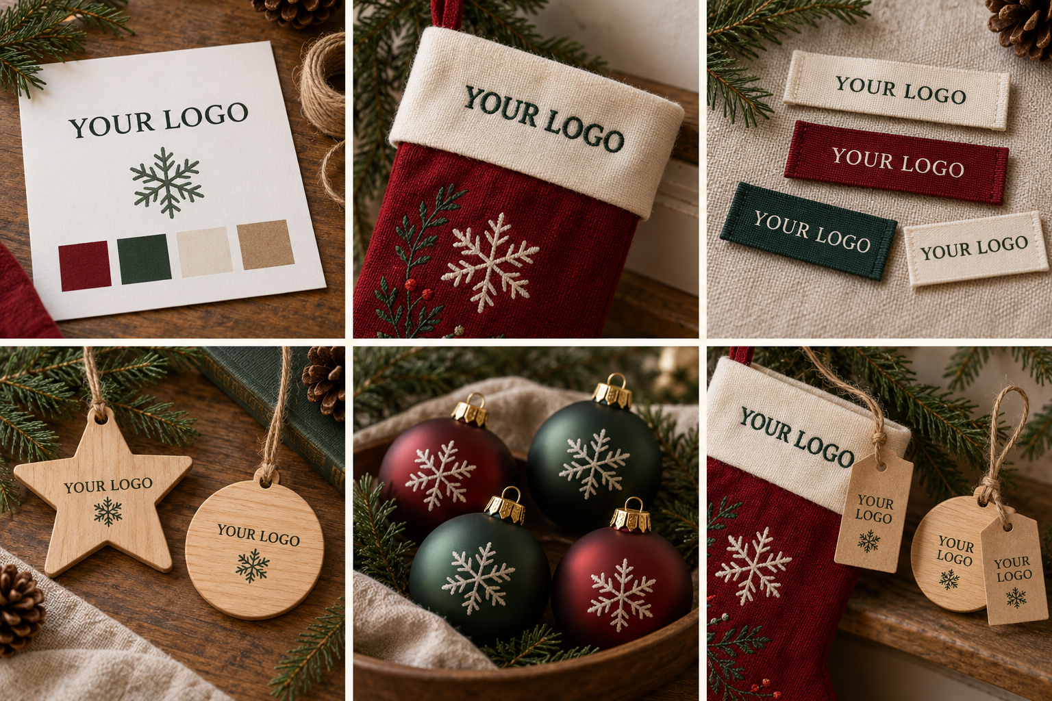Christmas logo samples with stocking embroidery, printed ornaments and hangtags.