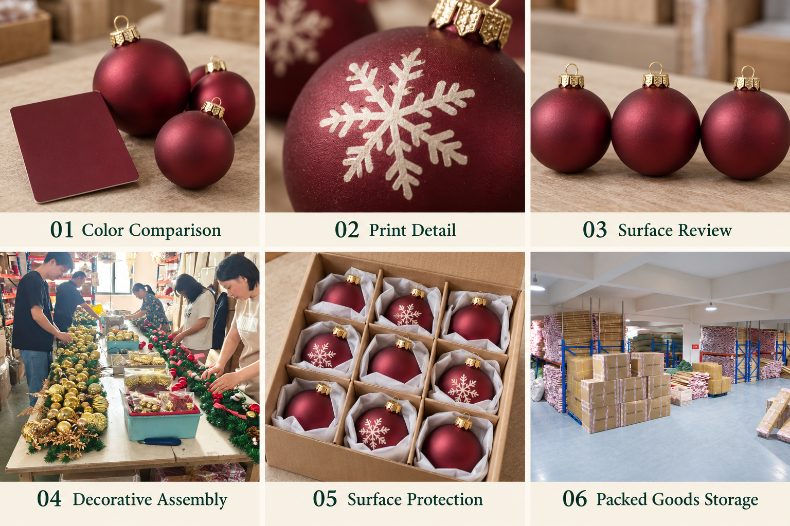 Christmas ornament color comparison, print details, surface protection and packed goods storage.