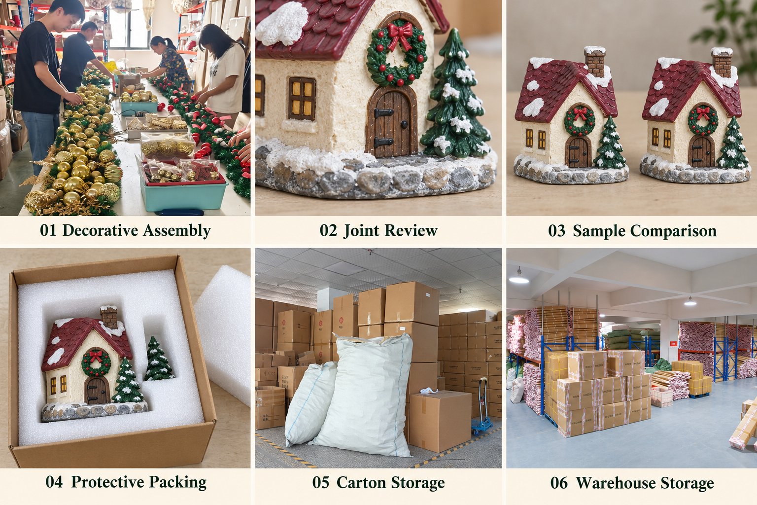 Christmas resin assembly details, sample comparison, protective packing and warehouse storage.