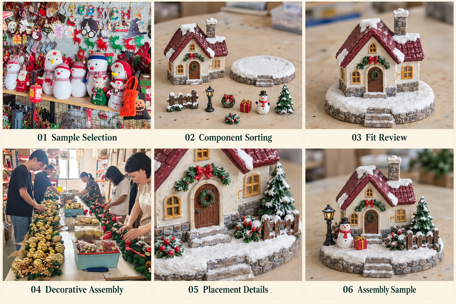 Christmas resin component sorting, fit review and decorative assembly collage.