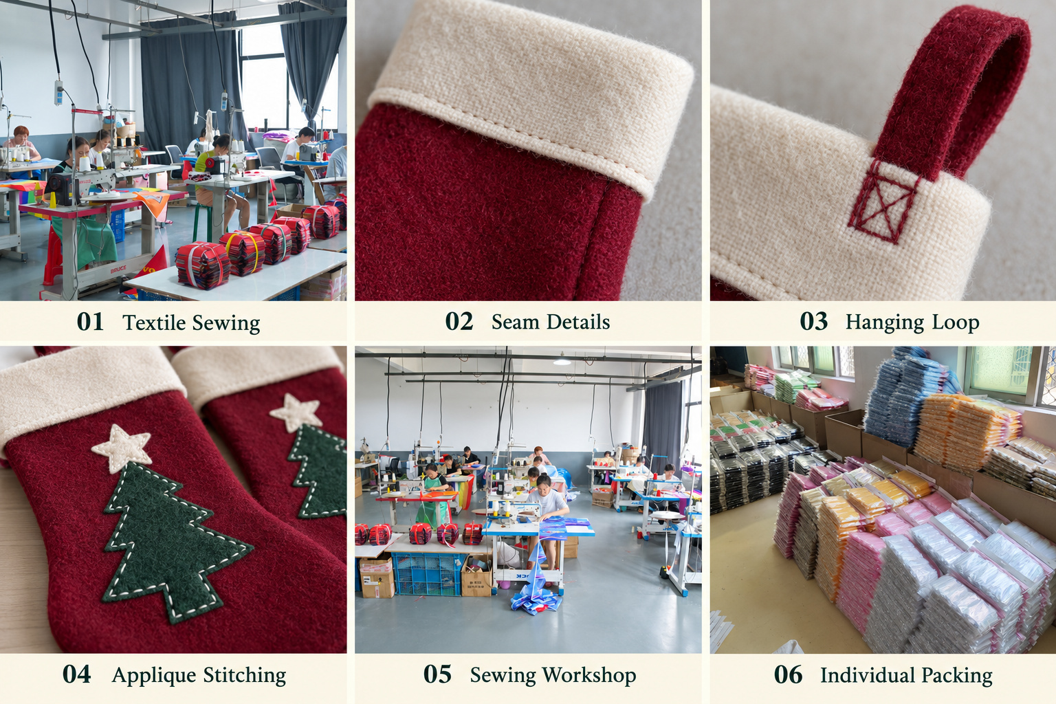 Christmas stocking seam details, hanging loops, applique stitching and textile sewing.