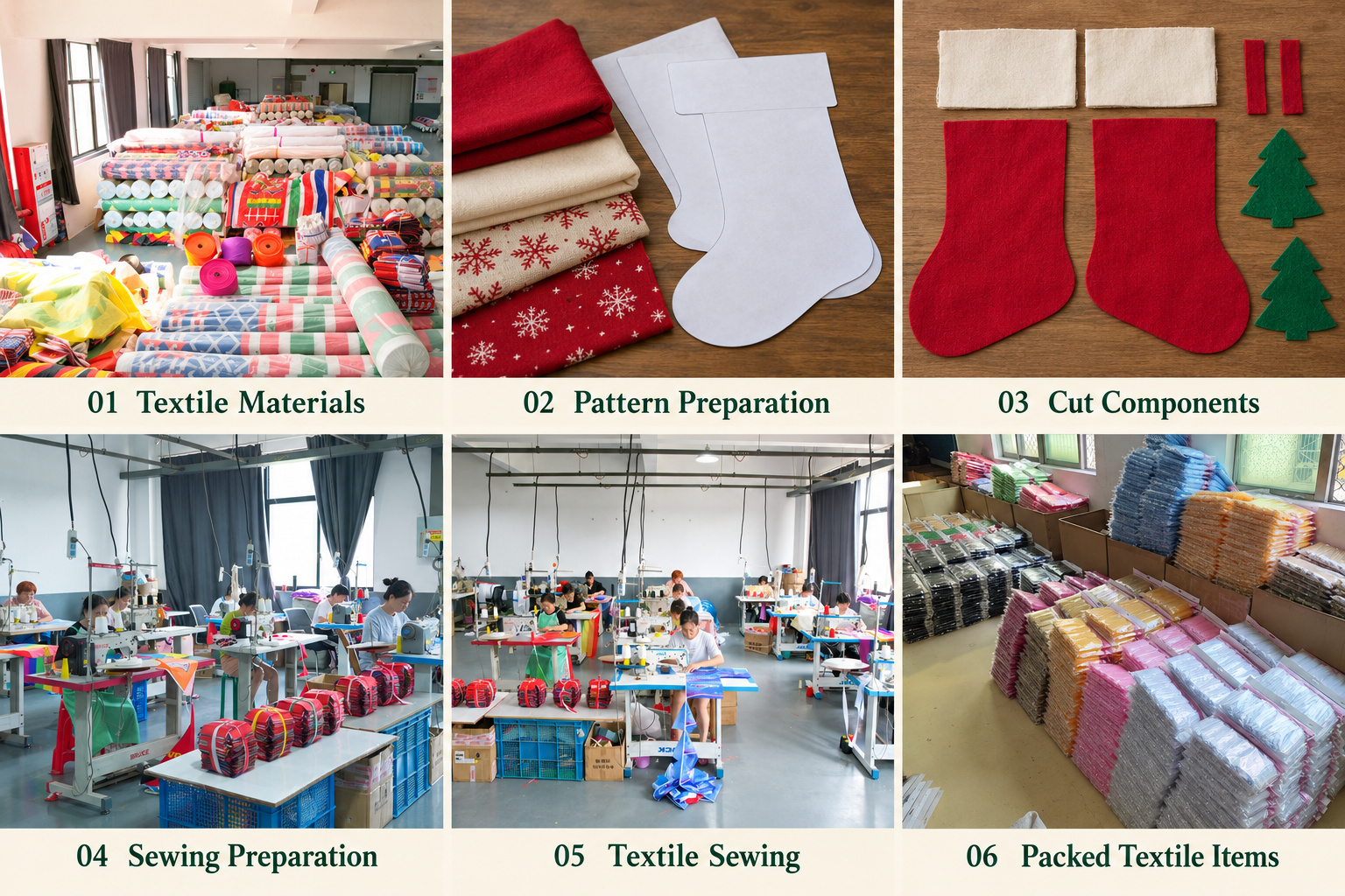 Christmas textile materials, stocking patterns, cut panels and sewing workshops.