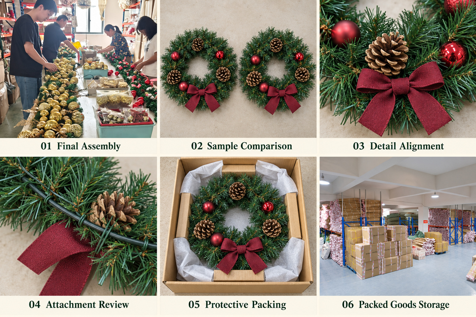 Christmas wreath assembly, sample comparison, attachment details and protective packing.
