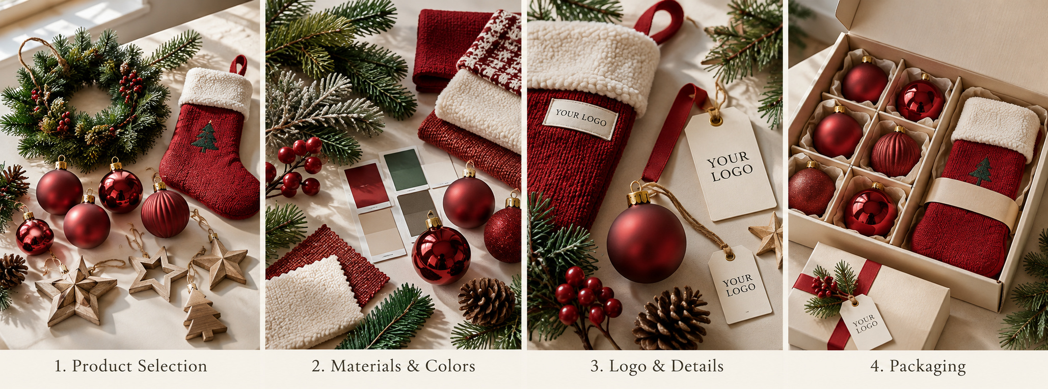 Custom Christmas decoration samples, colors, logo details and packaging.