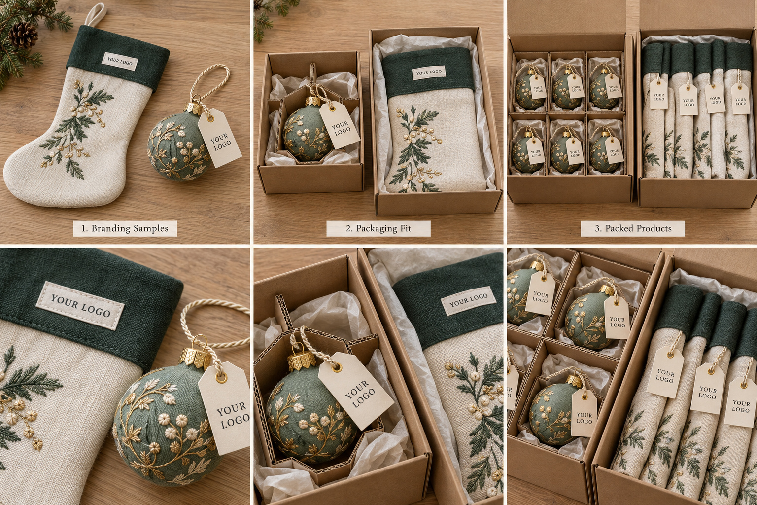 Green and cream Christmas decorations with private labels and kraft boxes.