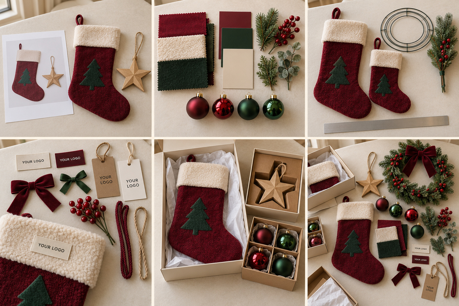 Red Christmas OEM samples with materials, branding and packaging options.