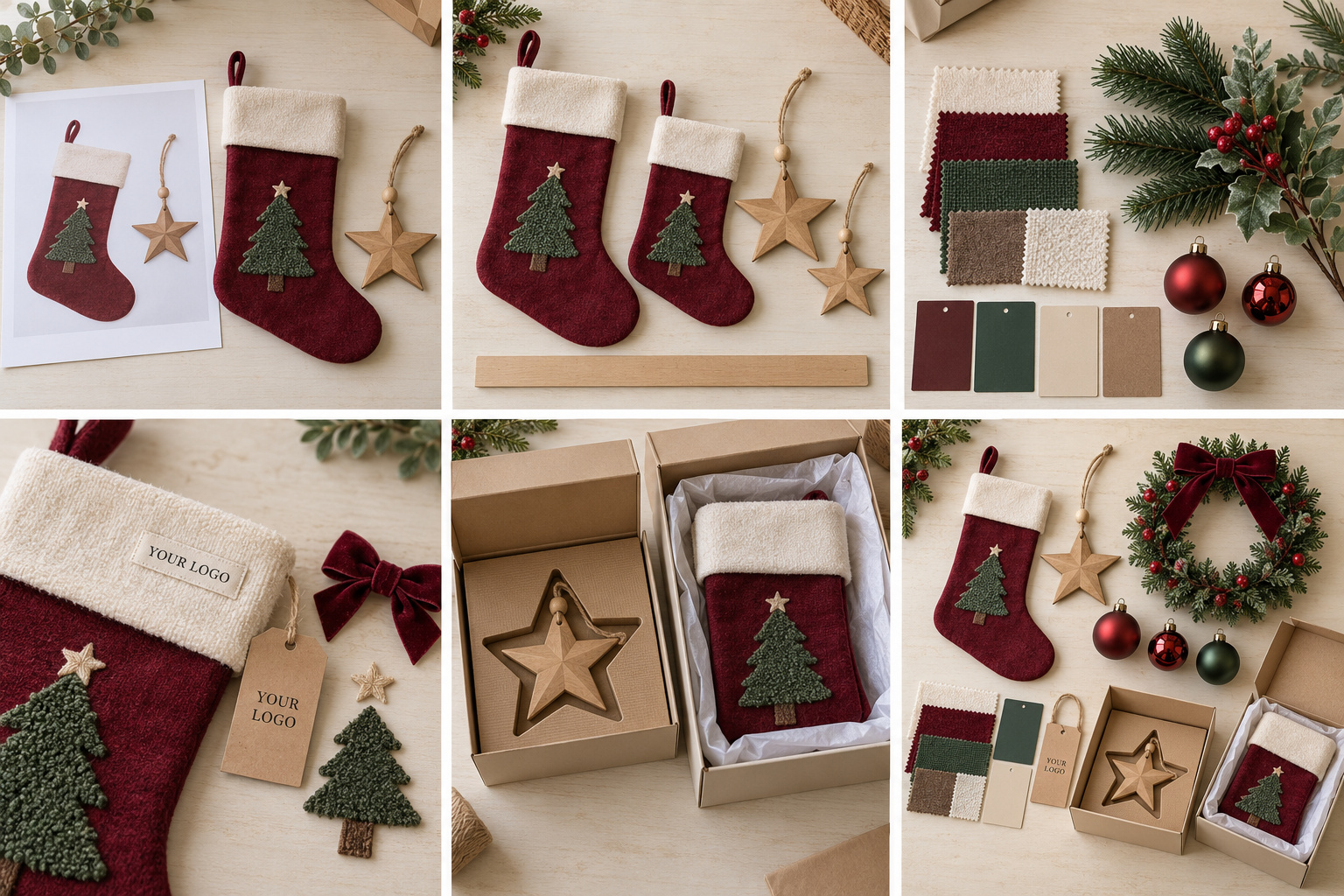 Red Christmas stocking samples with color swatches, branding and protective boxes.