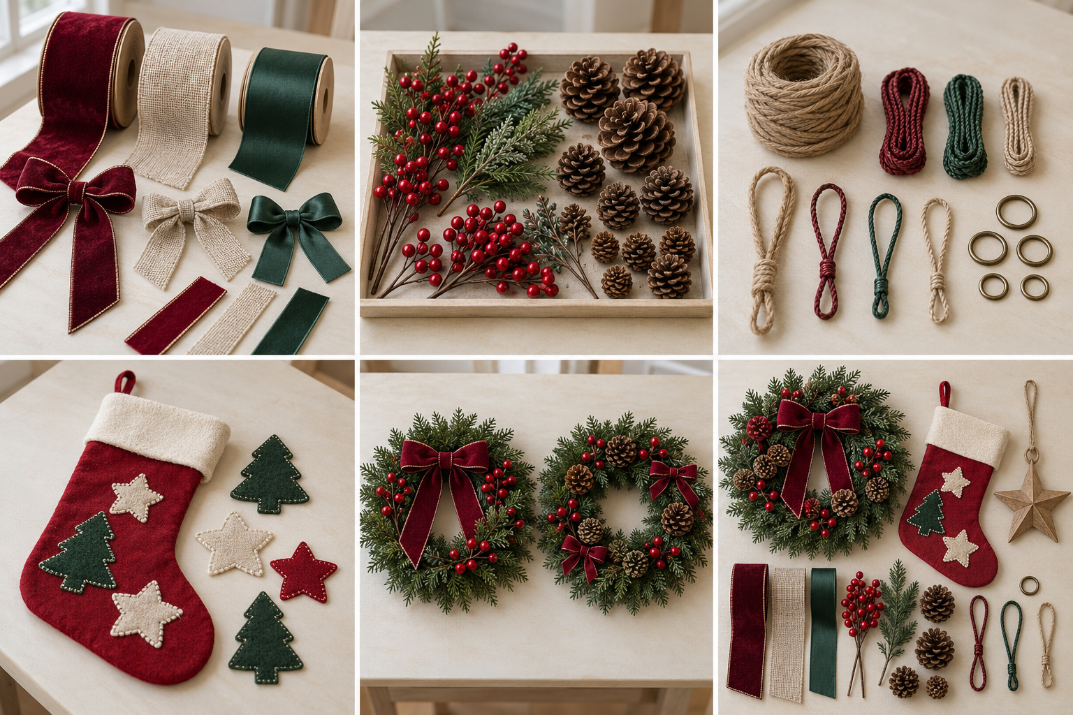 Red and green Christmas accessories with ribbons, berries, cords and appliques.