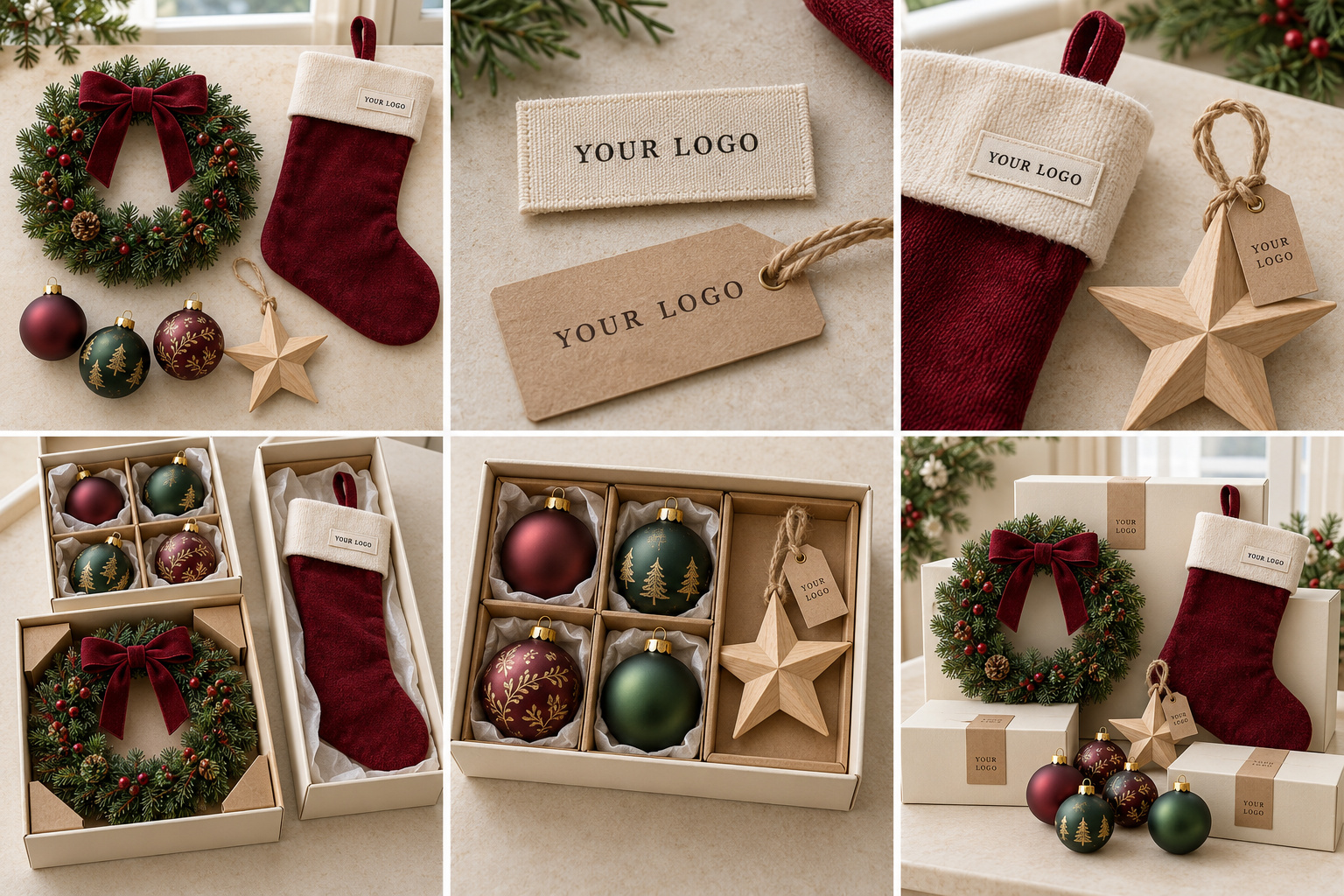 Red and green Christmas decorations with custom labels and fitted boxes.