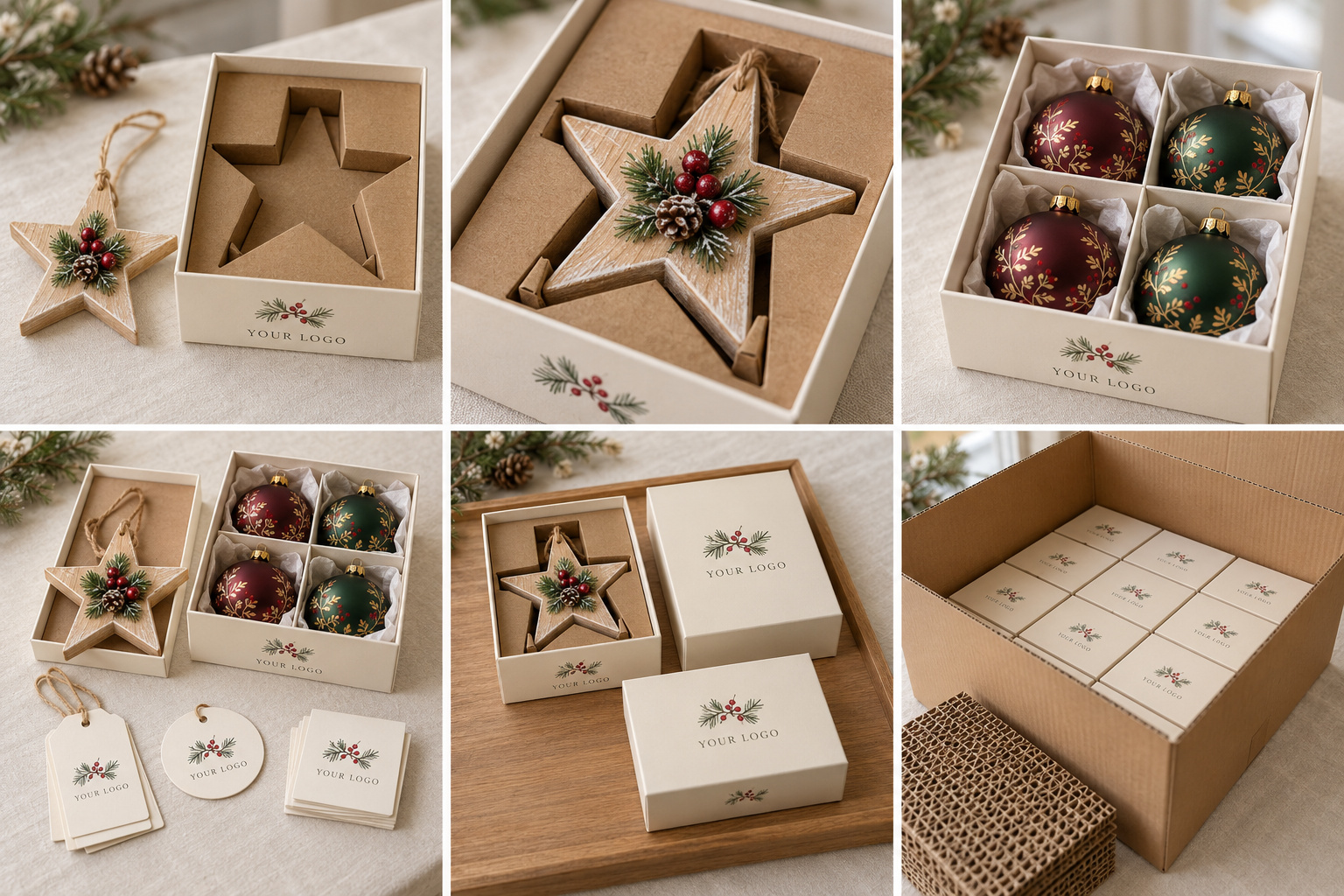 Red and green Christmas ornaments with protective inserts and branded boxes.