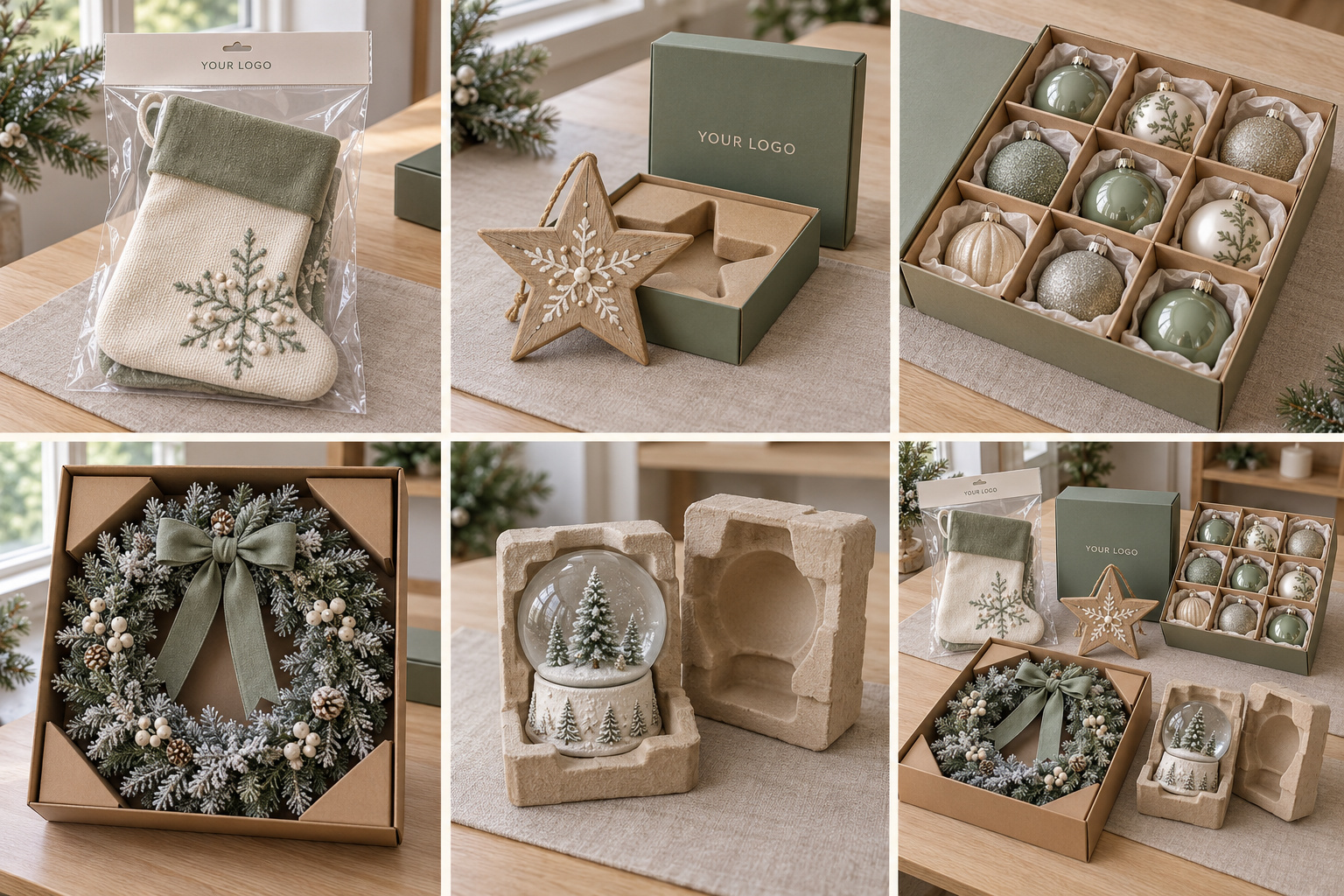 Sage Christmas decorations with bags, divided boxes and fitted inserts.