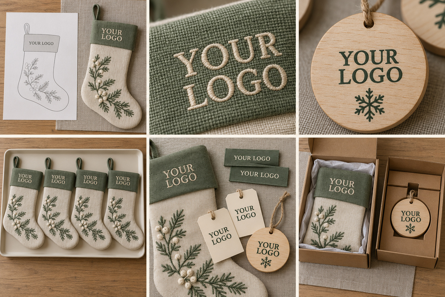 Sage Christmas stocking branding with printed ornaments, labels and fitted boxes.