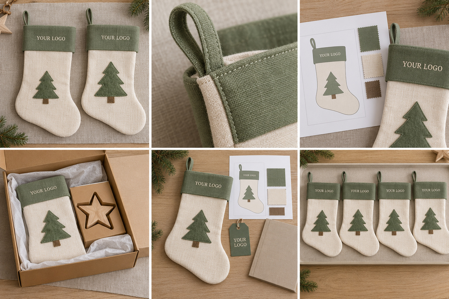Sage Christmas stocking samples with stitching details, artwork and protective boxes.