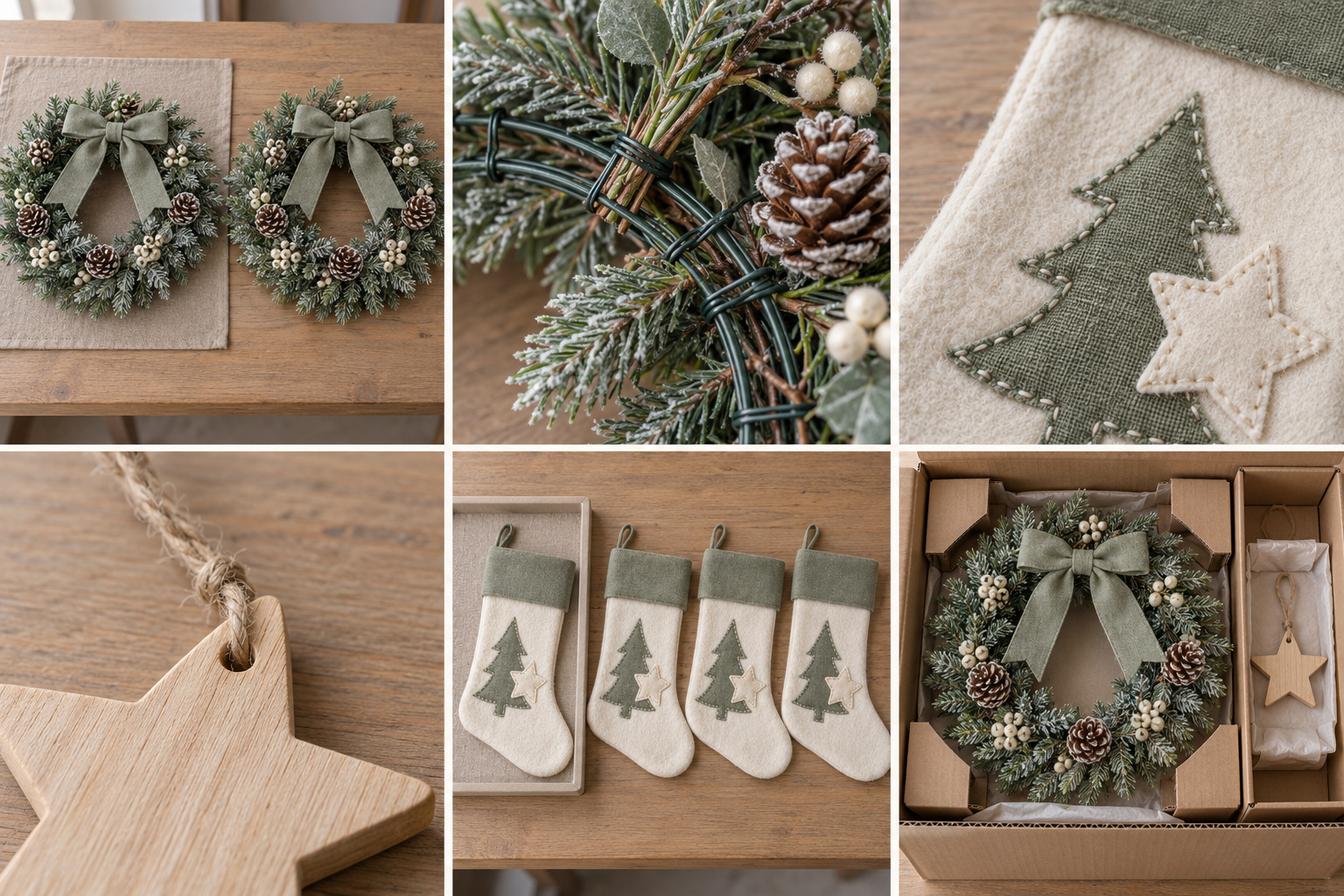 Sage Christmas wreath attachments, stocking stitching and protective packaging.