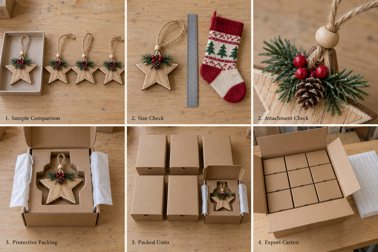Wooden Christmas ornament checks, fitted packaging and export cartons.